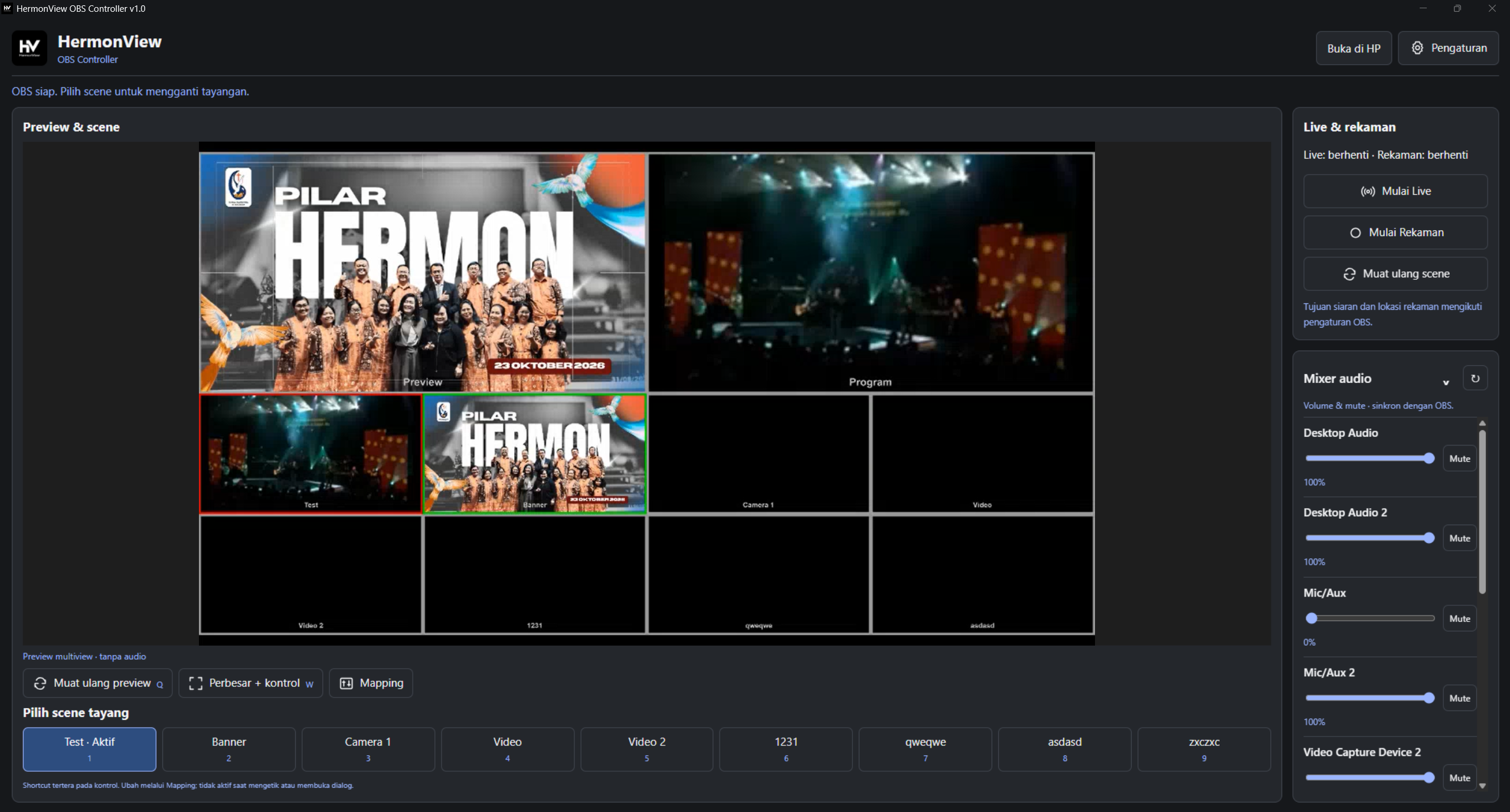 Tampilan desktop HermonView OBS Controller