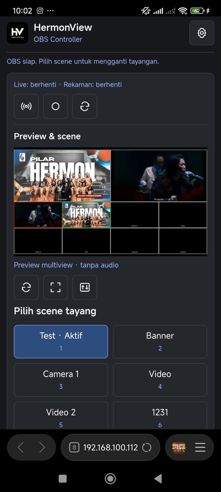 Kontrol HermonView di HP: live, rekaman, preview dan pilihan scene