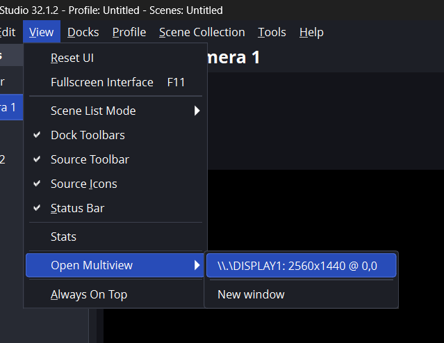 Menu View OBS: Open Multiview terbuka, pilih New window di bagian bawah
