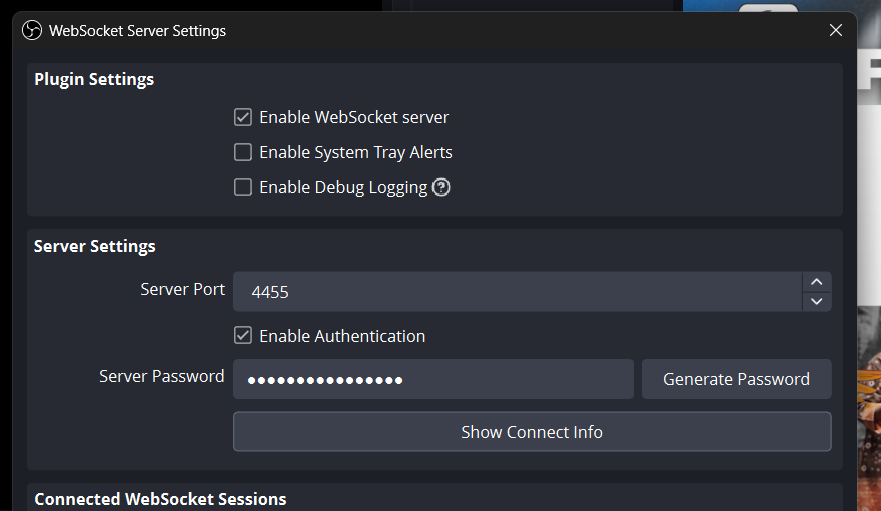 Pengaturan OBS: server WebSocket dan autentikasi aktif, port 4455