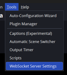 Menu Tools OBS dengan WebSocket Server Settings dipilih