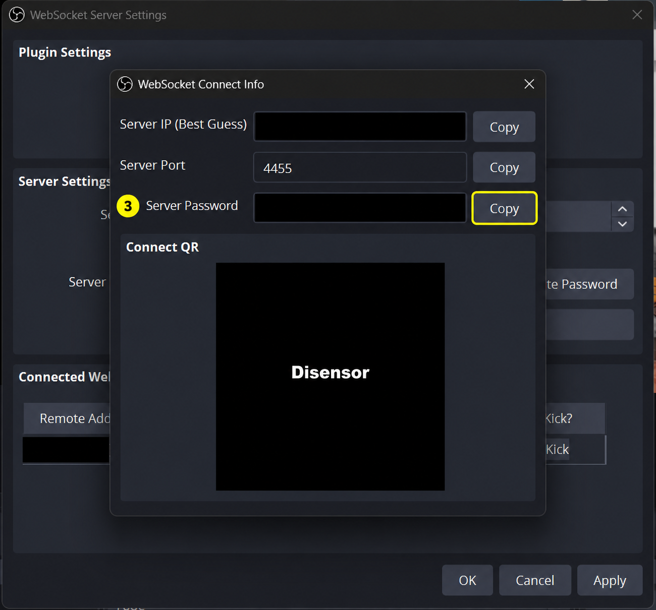 Show Connect Info: tombol Copy untuk Server Password ditandai; alamat, kata sandi dan QR sudah disensor
